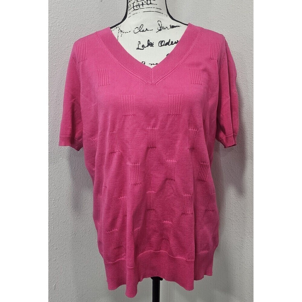 Arach & Cloz Women's Short Sleeve V-Neck Light Textured Sweater Top Pink Size XL